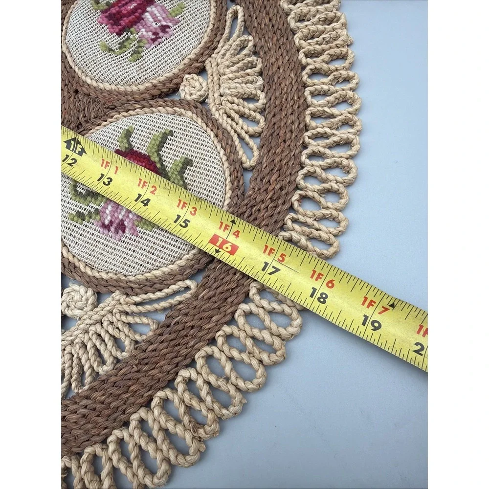 Vintage Rattan Wicker Round Table Placemat Centerpiece Needlepoint Floral 18